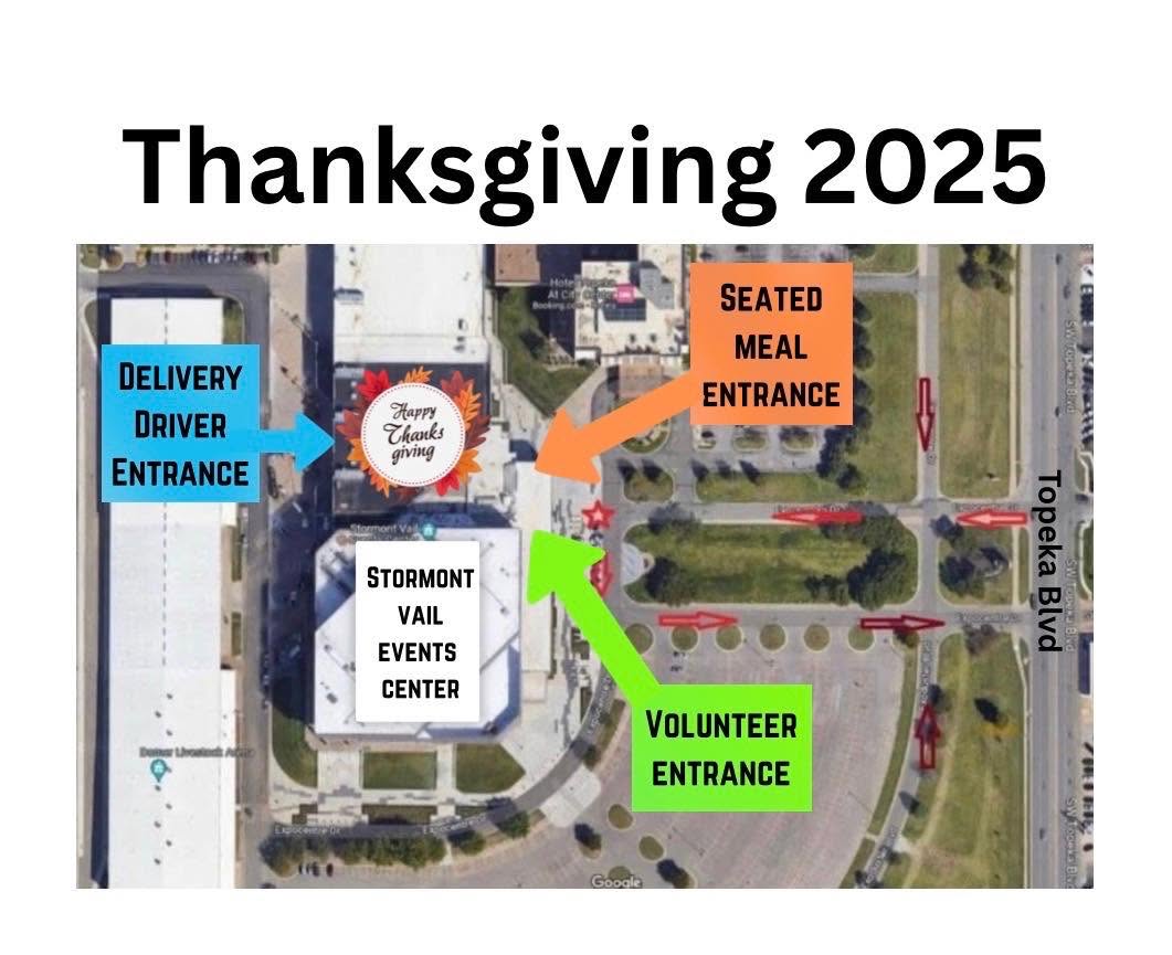 Aerial entrance map: seated-meal entrance on the Topeka Boulevard side in orange, delivery drivers on the opposite side in blue, and volunteers south of the meal entrance in green.