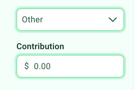 Zeffy contribution controls: Other selected in the dropdown and Contribution set to $0.00.